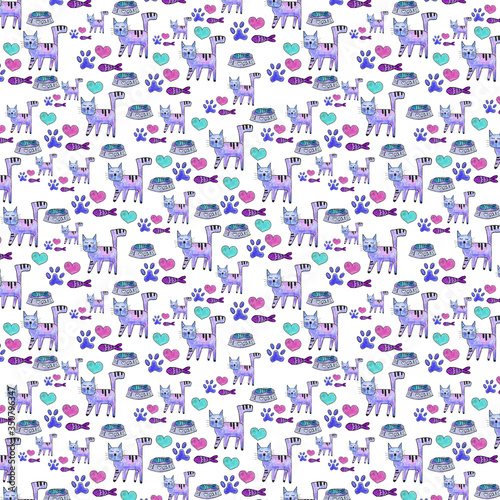 Seamless pattern with cute colorful Kittens. Creative baby pink texture. Great for fabric, textile illustration.