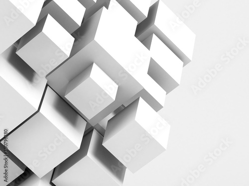Abstract white 3d installation of random sized cubes