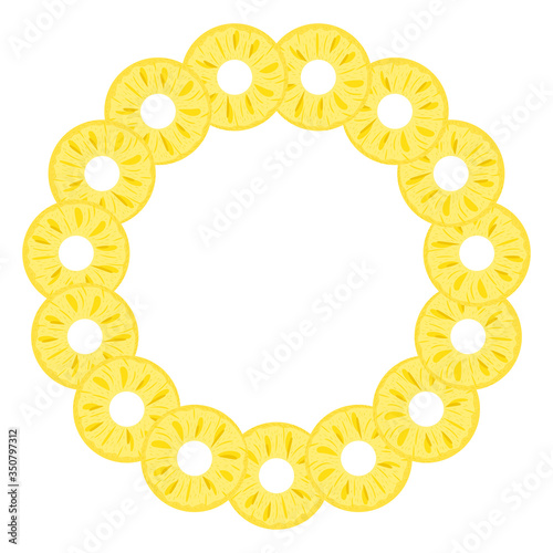 Wreath from cut rings pineapple with space for text. Cartoon organic sweet food. Summer fruits for healthy lifestyle. Vector illustration for any design.