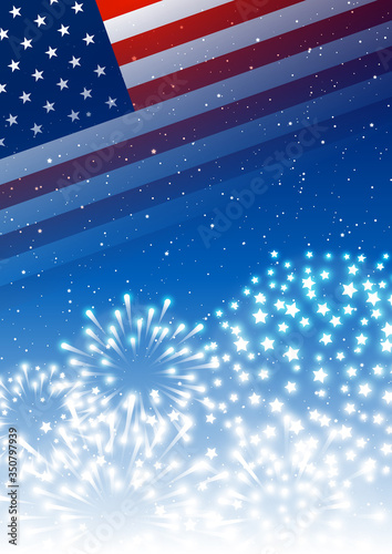 Independence day greeting card with American flag and fireworks on  night sky background