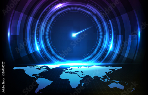 abstract background futuristic technology halogram of user interface hud ui speed meter guage with world map