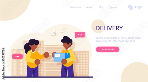 Concept of delivery of goods in a cardboard box from an online store. Courier hands the parcel to the girl. Modern flat vector illustration.