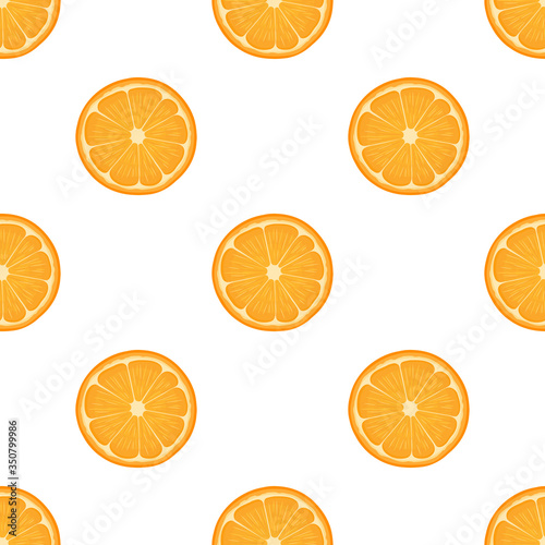 Seamless pattern with fresh bright exotic half cut tangerine or mandarin isolated on white background. Summer fruits for healthy lifestyle. Organic fruit. Vector illustration for any design.