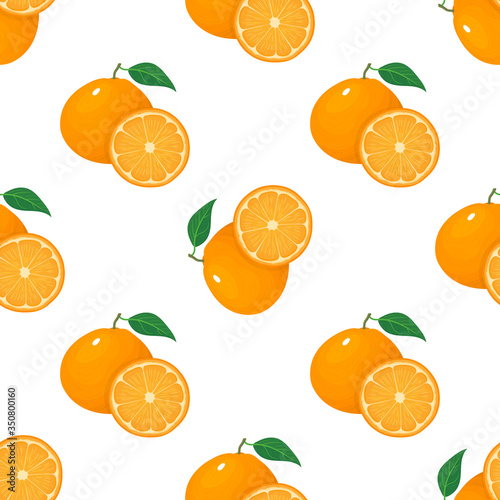 Seamless pattern with fresh bright exotic whole and half tangerine or mandarin isolated on white background. Summer fruits for healthy lifestyle. Organic fruit. Vector illustration for any design.