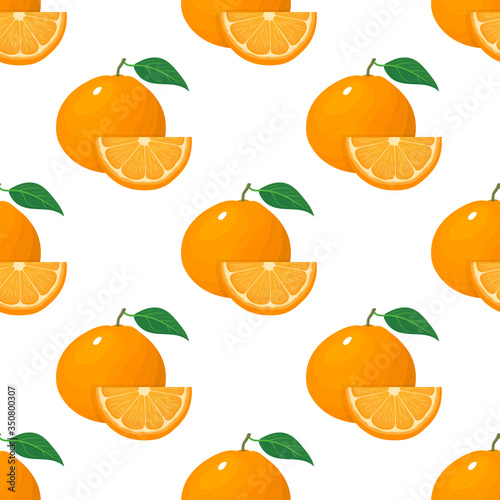 Seamless pattern with fresh bright exotic whole and slice tangerine or mandarin isolated on white background. Summer fruits for healthy lifestyle. Organic fruit. Vector illustration for any design.