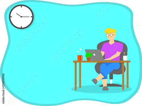 Work from home, Home office, study from home concept. Man wear glasses siting on chair and working on laptop with copy space.