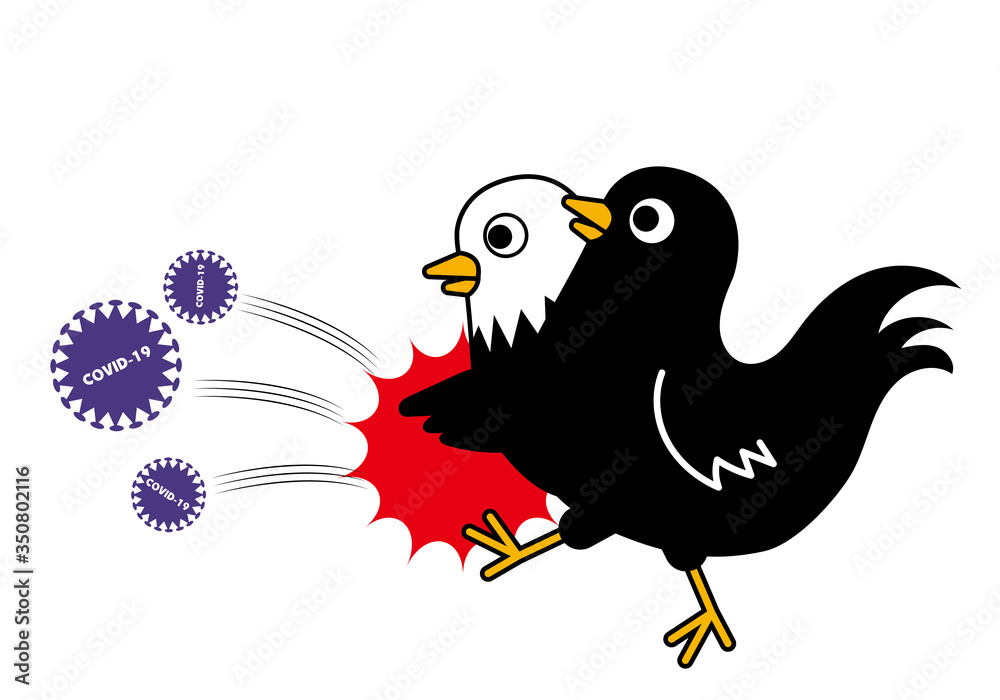 コロナを蹴散らす頭が二つの鳥ヨゲンノトリのイラスト コミカルタッチ白背景 Stock ベクター Adobe Stock