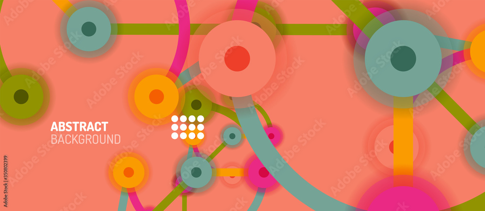 Flat style geometric abstract background, round dots or circle connections on color background. Technology network concept.