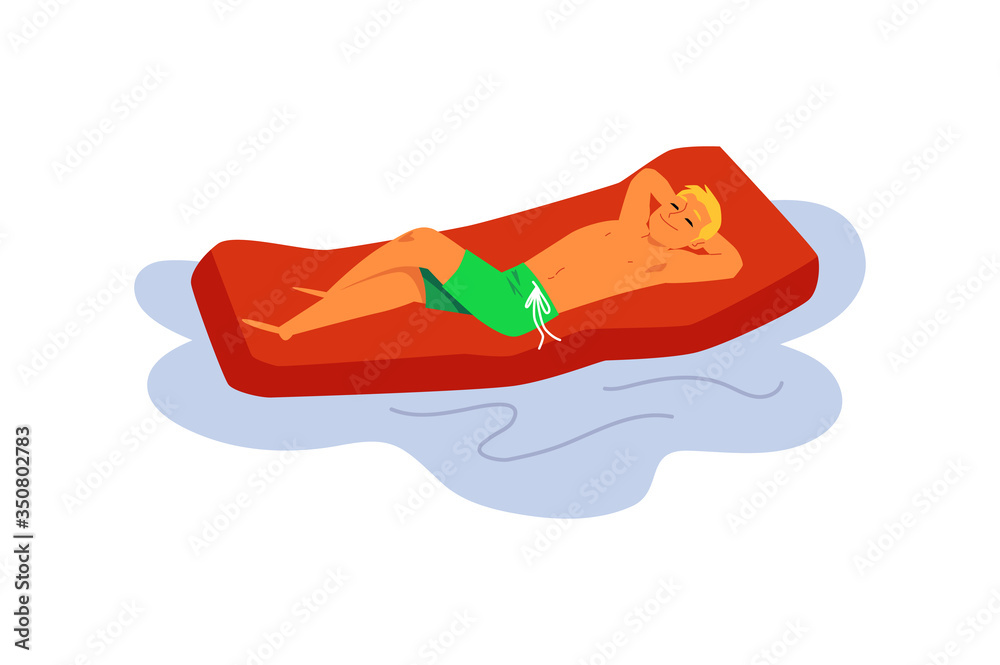 Cartoon man lying on inflatable water mattress - isolated vector illustration Cartoon man lying on inflatable water mattress - isolated vector illustration