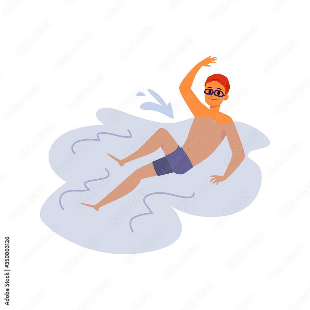 Swimmer athlete or swimming man in water, flat vector illustration isolated.