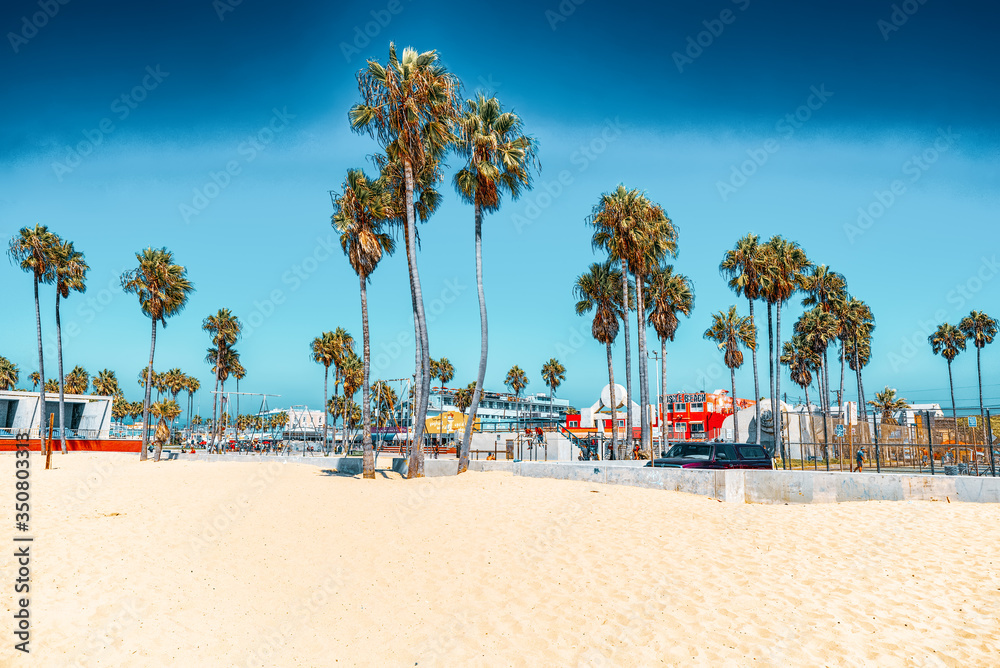 Famous Los Angeles Beach - Venice Beach with people.