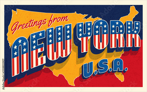 Greetings from New York USA. Retro postcard with patriotic stars and stripes lettering and United States map in the background. Vector illustration.