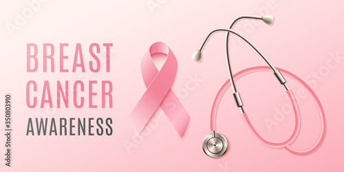 Banner for cancer awareness day with pink ribbon, realistic vector illustration.