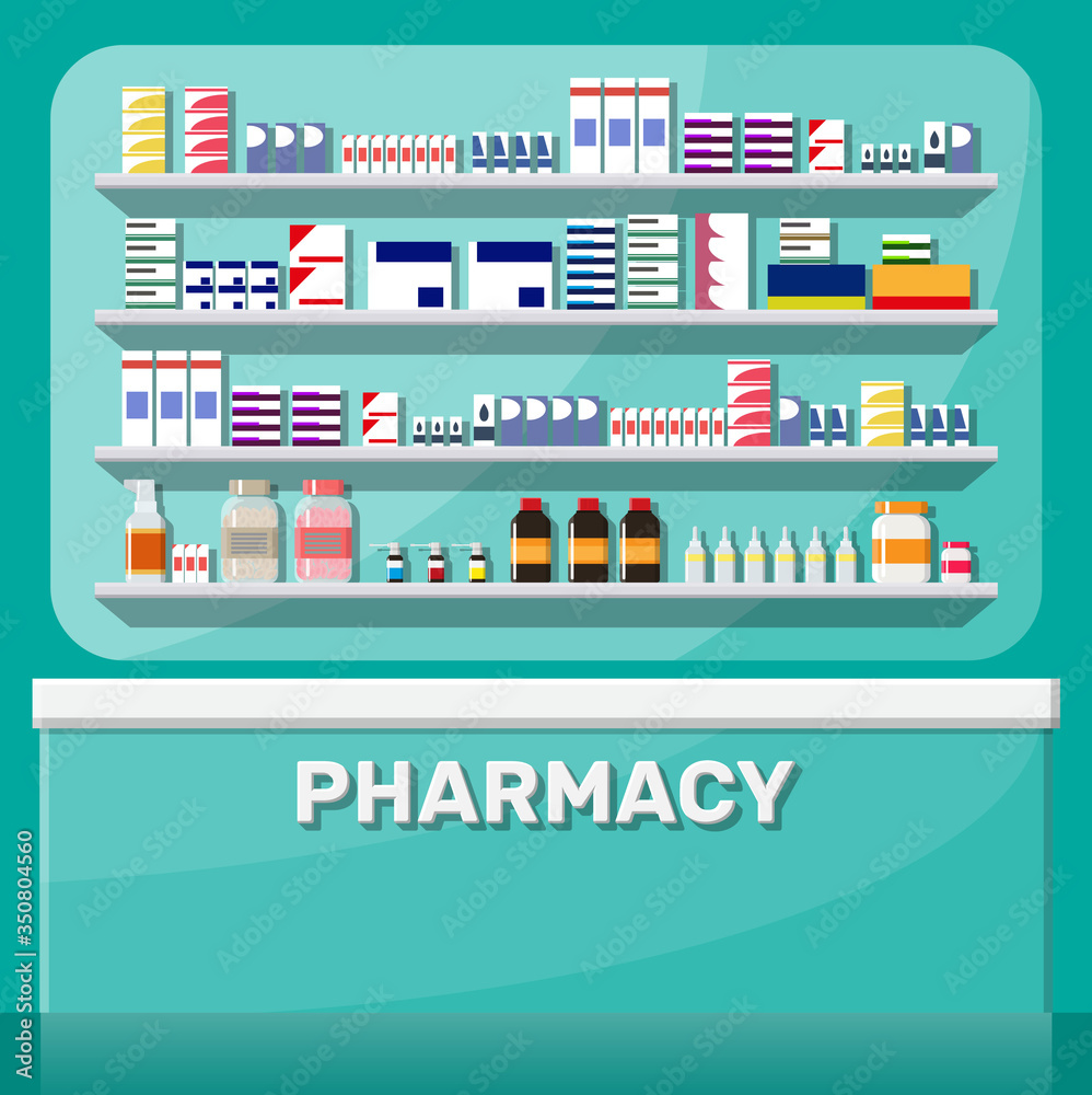 Modern interior of pharmacy. Medicine pills capsules bottles vitamins and tablets. Drugstore showcase. Shelves with medicines. Medical drug, vitamin, antibiotic healthcare. Flat vector illustration