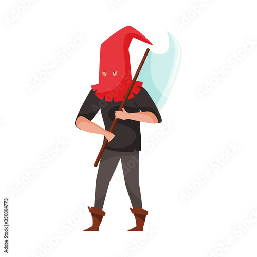 Medieval Executor or Headman Wearing Red Hat and Carrying Sharp Axe Vector Illustration