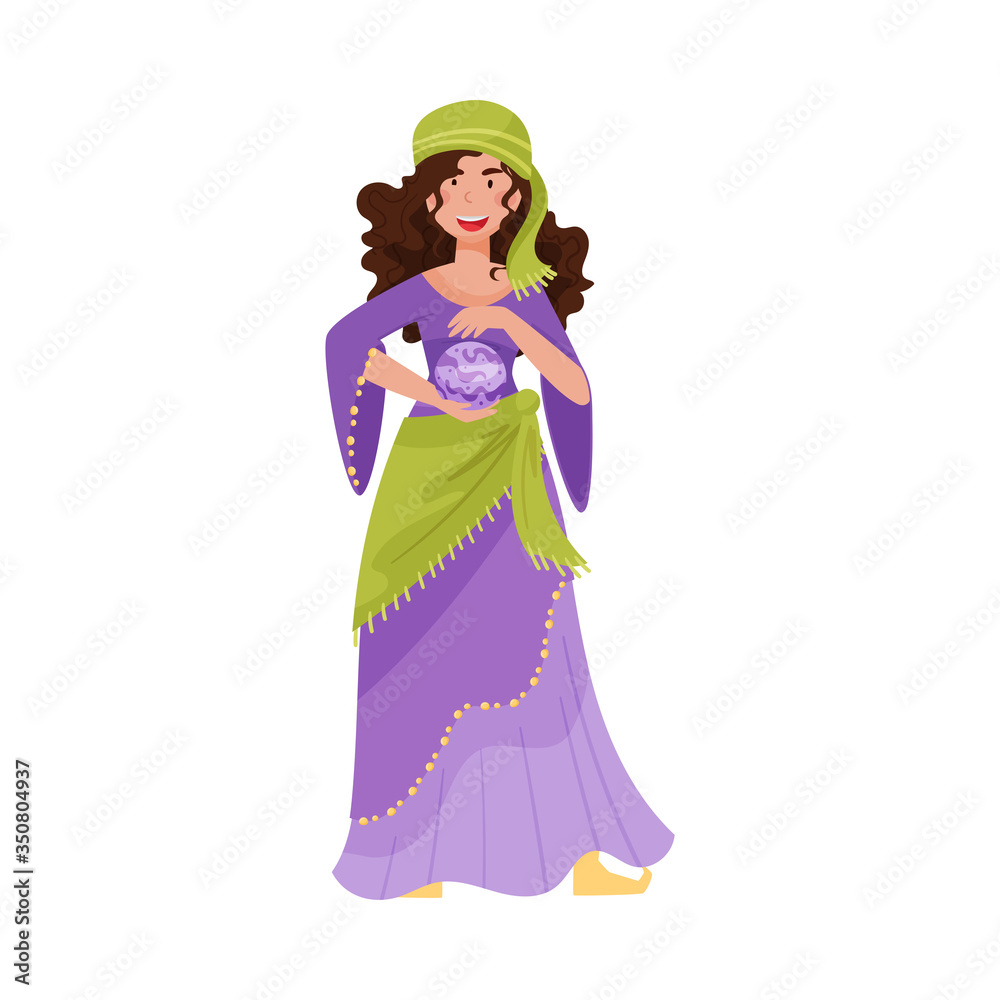 Female Gypsy in Headdress Standing and Holding Sphere Vector Illustration