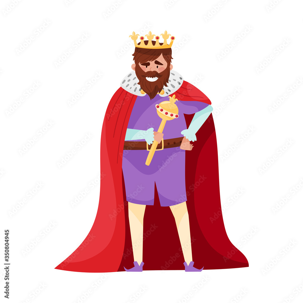 Bearded King with Crown and Scepter Wearing Red Mantle Vector Illustration Bearded King with Crown and Scepter Wearing Red Mantle Vector Illustration