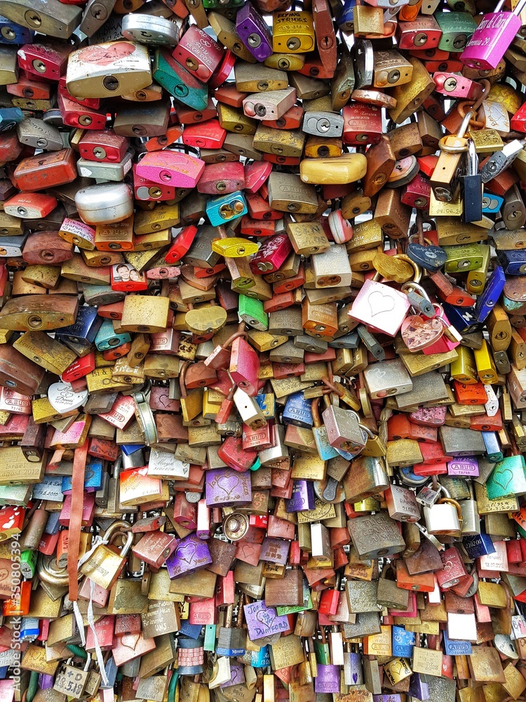 Padlock. A lot of padlocks on a fence. Love padlocks on on the Hohenzollernbrücke Bridge. Background.