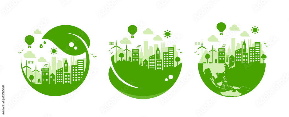 Vetor de Green eco city vector illustration set ( ecology concept ...