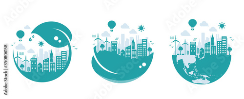 Green eco city vector illustration set ( ecology concept , nature conservation )