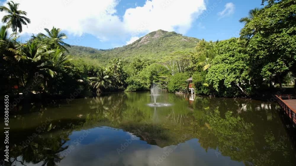 fountain and a mountain next to a beautiful jungle fountain and a mountain next to a beautiful jungle