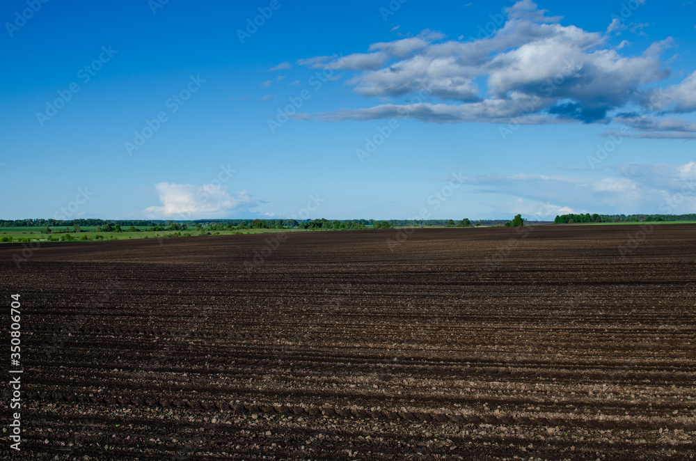 Plowed field and blue sky. Field in the spring where farmers work Plowed field and blue sky. Field in the spring where farmers work