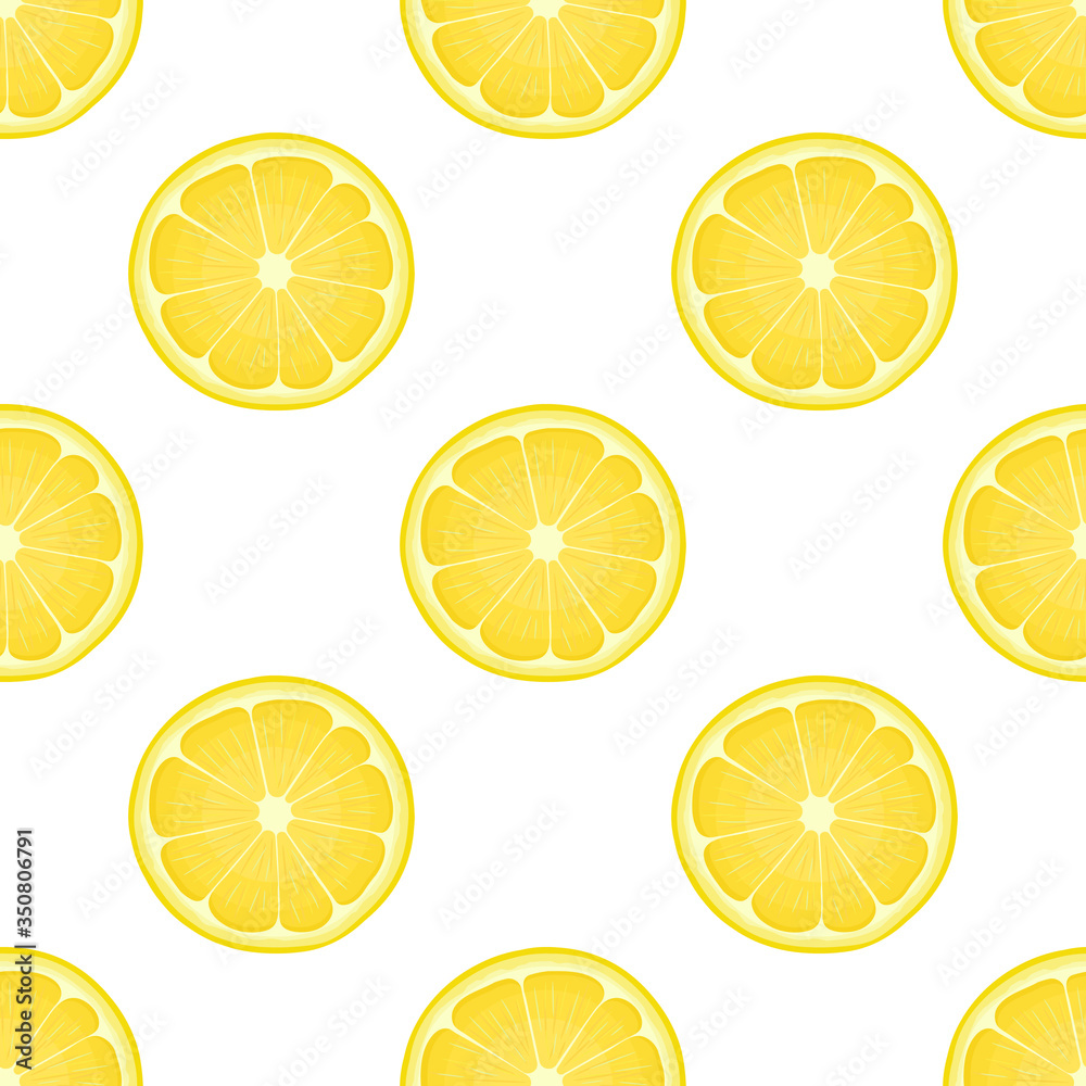 Seamless pattern with fresh bright exotic half lemon fruit on white background. Summer fruits for healthy lifestyle. Organic fruit. Cartoon style. Vector illustration for any design.