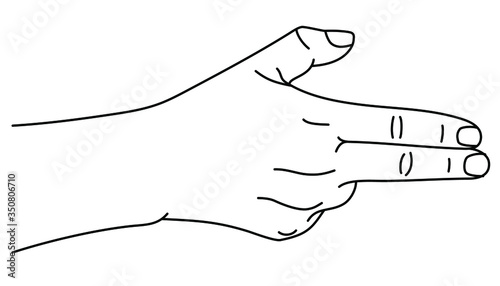 Hand gesture in form of gun. Concept of shooting gesture in sign language. Vector illustration in outline style isolated on white background.