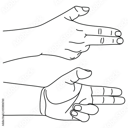 Hand gesture in form of gun. Concept of shooting gesture in sign language. Vector illustration in outline style isolated on white background.