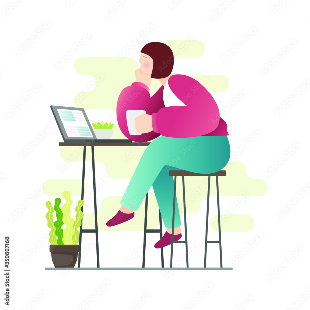 Sitting young woman with laptop in simple modern flat  style vector, people and technology concept abstract for your design work, presentation, website.