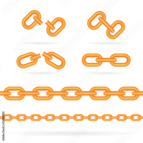 Chain. Realistic golden chain illustrations set isolated on white background. Connected,  broken,  damaged and seamless metal chains links. Part of set.