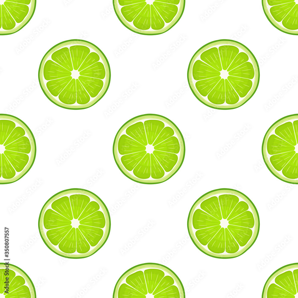 Seamless pattern with fresh bright exotic cut slice lime fruit on white background. Summer fruits for healthy lifestyle. Organic fruit. Cartoon style. Vector illustration for any design. Seamless pattern with fresh bright exotic cut slice lime fruit on white background. Summer fruits for healthy lifestyle. Organic fruit. Cartoon style. Vector illustration for any design.