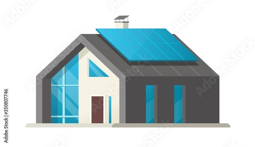 Home smart isolated vector or house solar panel eco modern future or contemporary luxury villa apartment building with ecological energy technology flat cartoon illustration, green business property