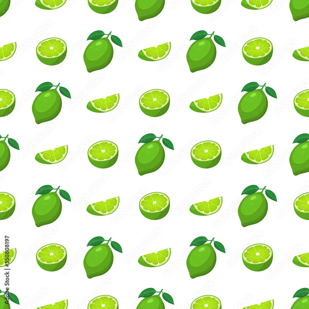 Seamless pattern with fresh bright exotic whole, half and cut slice lime fruit on white background. Summer fruits for healthy lifestyle. Organic fruit. Vector illustration for any design. Seamless pattern with fresh bright exotic whole, half and cut slice lime fruit on white background. Summer fruits for healthy lifestyle. Organic fruit. Vector illustration for any design.