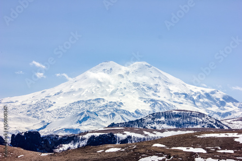 Russia Caucasus, Kabardino-Balkarian Republic. View of snowy Elbrus in spring in clear weather .. © Irida