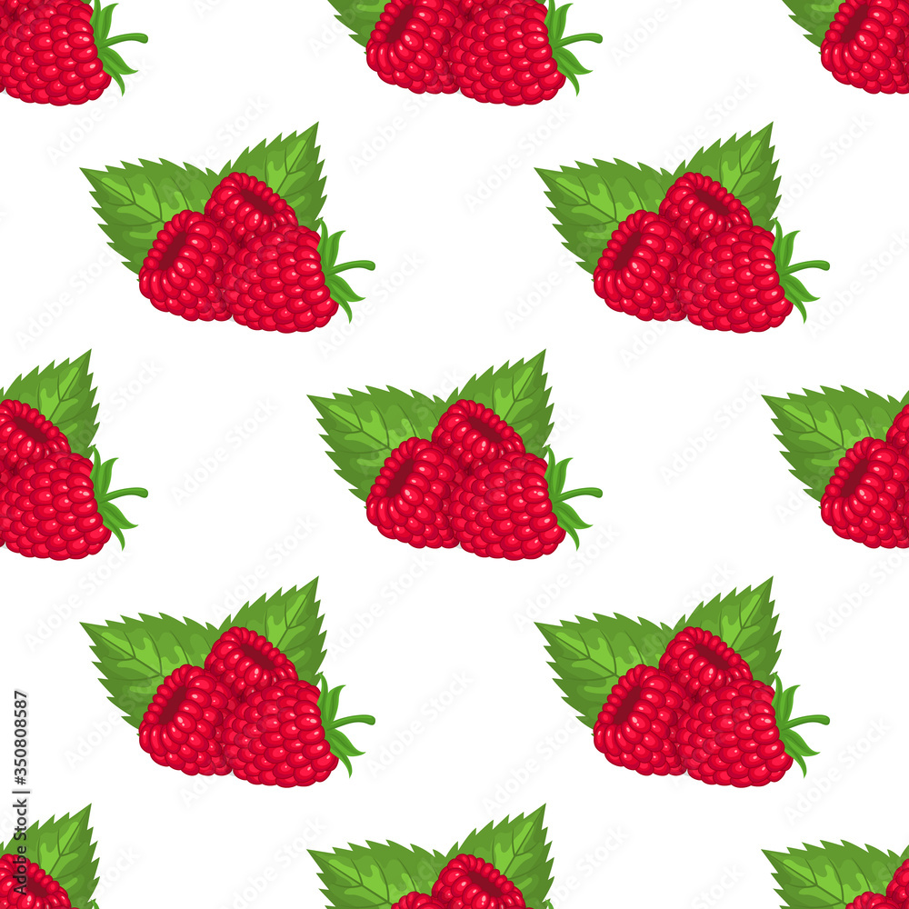 Seamless pattern with fresh bright exotic whole raspberries with leaves on white background. Summer fruits for healthy lifestyle. Organic fruit. Cartoon style. Vector illustration for any design.