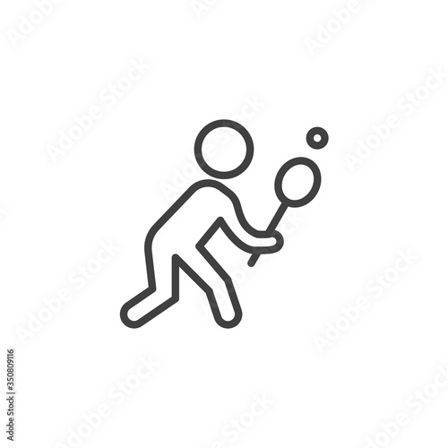 Tennis player with racket line icon. linear style sign for mobile concept and web design. Man playing tennis outline vector icon. Symbol, logo illustration. Vector graphics