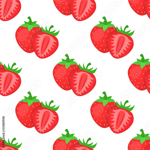 Fototapeta Naklejka Na Ścianę i Meble -  Seamless pattern with fresh bright exotic whole and half strawberries on white background. Summer fruits for healthy lifestyle. Organic fruit. Cartoon style. Vector illustration for any design.