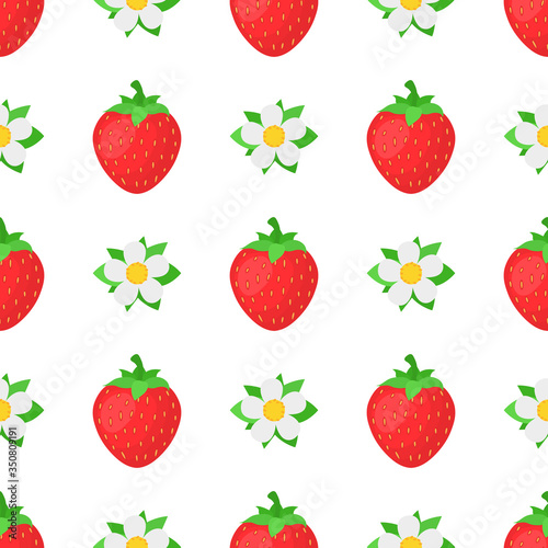 Seamless pattern with fresh bright exotic whole strawberries with flowers on white background. Summer fruits for healthy lifestyle. Organic fruit. Cartoon style. Vector illustration for any design.
