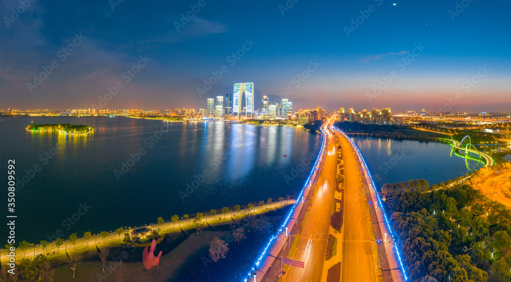 Night view of Jinji Lake, Suzhou Industrial Park, Jiangsu Province, China