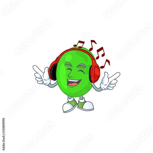 Cartoon drawing design of cocci listening to the music with headset