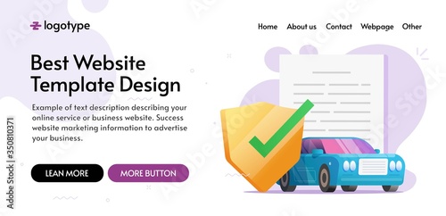 Car insurance coverage protection website template design or auto vehicle guarantee assurance legal policy document web site banner idea vector flat, automobile warranty safety agreement page mockup