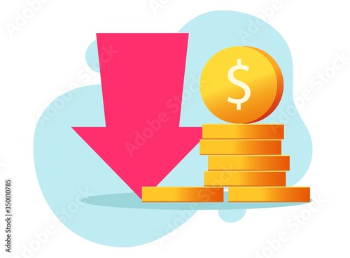 Loss money revenue vector and cost financial expenses or economic recession market fall cash flat, concept of stocks crisis, lack of budget, investment bad income icon with arrow down