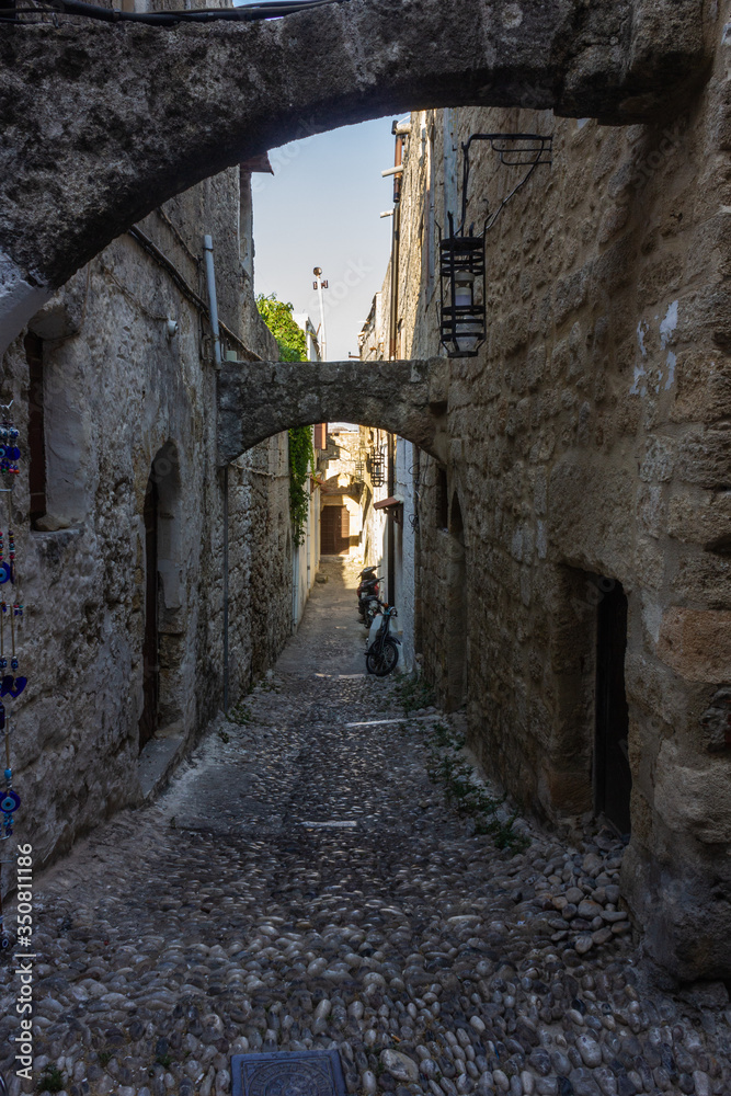 Greece, the old streets of Rhodes and the fortress of the island of Rhodes.