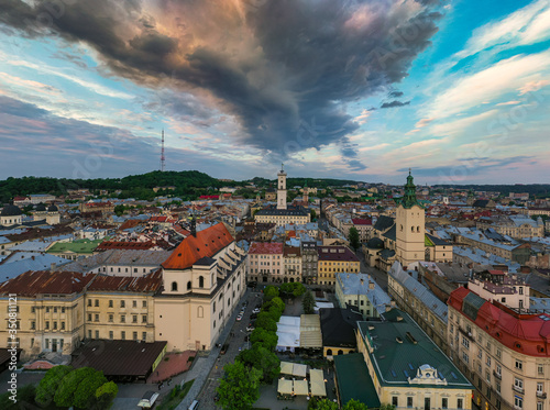 Aerial view on Jesuit Church, City Hall and Latin Cathedral in Lviv, Ukraine from drone