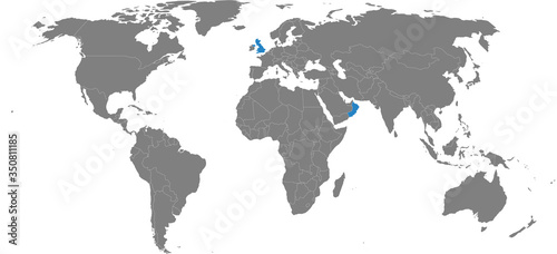 United kingdom, Oman countries isolated on world map. Light gray background. Business concepts, diplomatic, trade and transport relations.