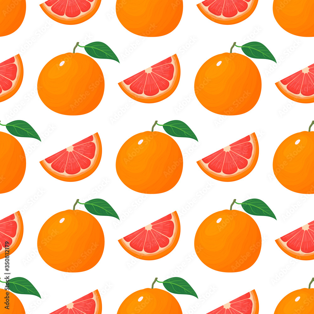 Seamless pattern with fresh bright exotic whole and cut slice grapefruit isolated on white background. Summer fruits for healthy lifestyle. Organic fruit. Vector illustration for any design. Seamless pattern with fresh bright exotic whole and cut slice grapefruit isolated on white background. Summer fruits for healthy lifestyle. Organic fruit. Vector illustration for any design.