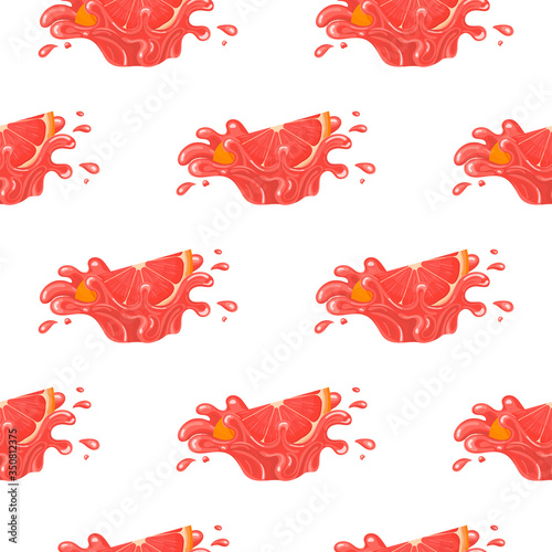 Seamless pattern with fresh bright grapefruit juice splash burst isolated on white background. Summer fruit juice. Cartoon style. Vector illustration for any design.