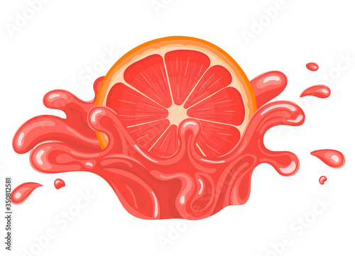 Fresh bright half cut grapefruit juice splash burst isolated on white background. Summer fruit juice. Cartoon style. Vector illustration for any design.
