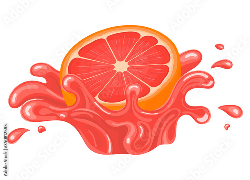 Fresh bright half cut grapefruit juice splash burst isolated on white background. Summer fruit juice. Cartoon style. Vector illustration for any design.